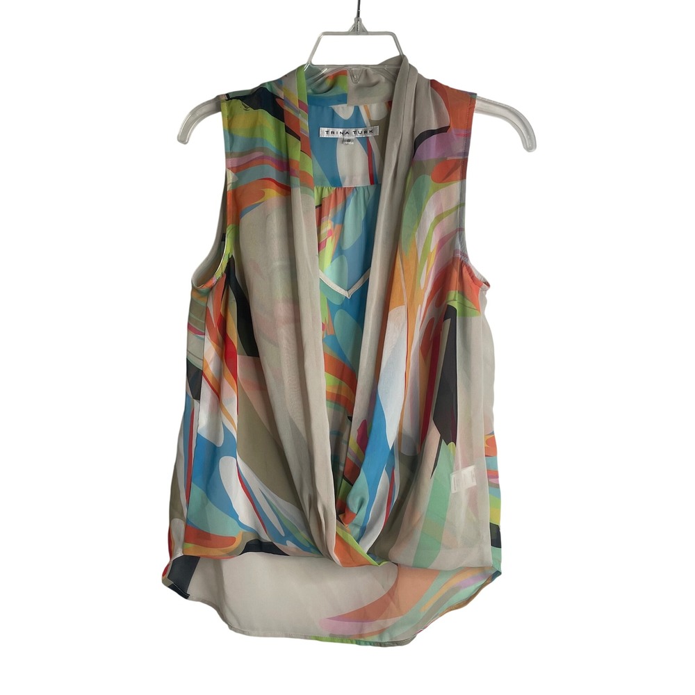 Trina Turk Sleeveless Abstract Print Twist Front Chiffon Blouse Multicolor Small